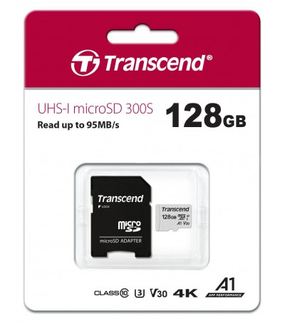 Карта памяти Transcend microSDXC 128Gb 300S UHS-I U3 V30 A1 TS128GUSD300S-A (100/45 Mb/s)с адаптером 