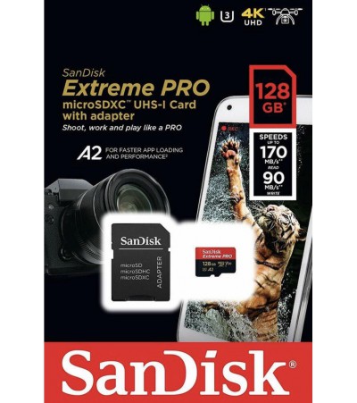 Карта памяти SanDisk Extreme Pro microSDXC 128GB Class 10 UHS Class 3 V30 A2 170MB/s + SD adapter