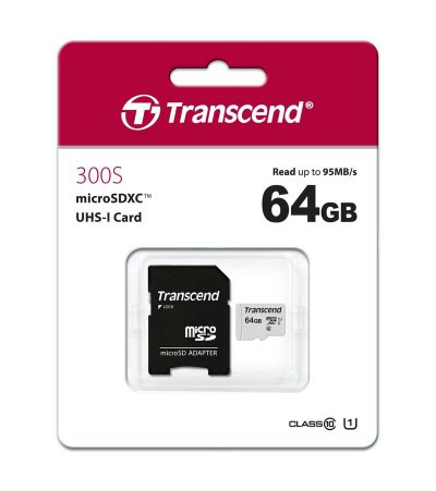 Карта памяти Transcend microSDXC 64Gb 300S UHS-I U3 V30 A1 TS64GUSD300S-A (95/45 Mb/s)с адаптером 