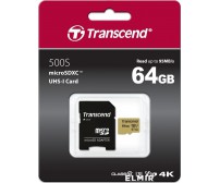 Карта памяти TRANSCEND microSDXC 500S, 64 Гб, UHS-I Class U3 V30, чтение: до 95Мб/с, запись: до 60Мб/с, с адаптером (TS64GUSD500S)