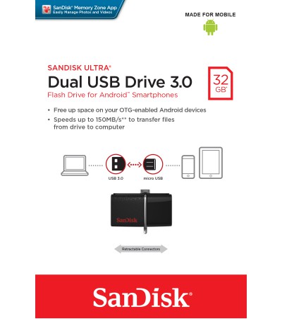 Флешка Sandisk Ultra Dual 32Gb USB 3.0 150 МБ/с 
